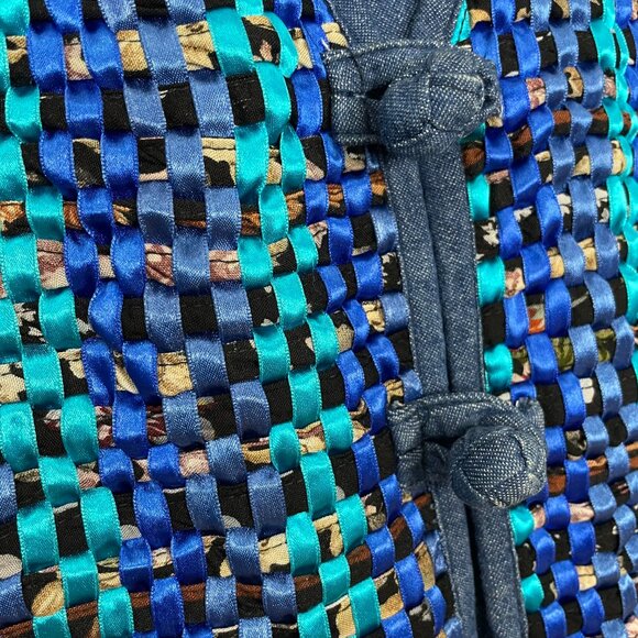 Vintage Vest Woven Ribbon Front Women Sz Small Blue Chambray Artsy Bold Creative - Picture 9 of 9